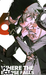  1boy absurdres black_eyes black_hair black_shirt chain commentary_request copyright_logo copyright_notice denim ear_piercing earrings english_text hair_between_eyes highres jeans jewelry logo long_sleeves looking_at_viewer male_focus mura_karuki necklace official_art pants piercing reverseblue_x_re-birthend ring shirt simple_background sitting solo torn_clothes torn_jeans torn_pants tsuruha_(reverseblue) white_background wristband 