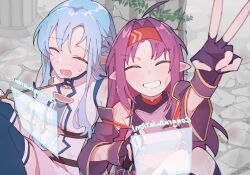  2girls ahoge aqua_hair armor asuna_(sao) asuna_(sao-alo) backwards_text battle_damage blue_thighhighs blush breastplate breasts closed_eyes commentary_request detached_ahoge dress english_text facing_viewer fingerless_gloves gloves hairband highres long_sleeves medium_breasts multiple_girls open_mouth pointy_ears purple_gloves purple_hair red_hairband small_breasts sweatdrop sword_art_online thigh-highs tuna_nigirimesi v white_dress yuuki_(sao) 
