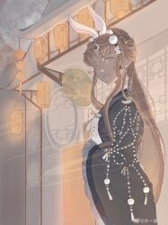  1girl :3 absurdres alternate_color animal_ears architecture beads black_robe black_sky bow-shaped_hair brown_hair chinese_clothes chinese_commentary circlet closed_mouth clouds commentary_request cowboy_shot crescent crescent_earrings crescent_hair_ornament double_bun earrings east_asian_architecture faint_moon_dew_(shining_nikki) frilled_sleeves frills full_moon green_eyes hair_beads hair_bun hair_ornament hand_fan hand_on_own_chest hanfu highres holding holding_fan house jewelry lantern lips long_hair long_sidelocks long_sleeves looking_at_viewer mole mole_under_eye moon night nikki_(series) nostrils outdoors paper_lantern parted_bangs pink_lips pom_pom_(clothes) pom_pom_hair_ornament rabbit_ears rabbit_girl rabbit_hair_ornament robe shining_nikki shuiyi_bo_xiaohao sidelocks sky smirk smug solo standing tuanshan very_long_hair watermark wavy_hair weibo_watermark white_hanfu wide_sleeves 