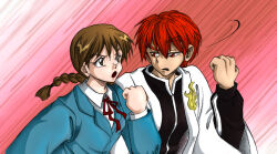  1boy 1girl :o braid brown_eyes brown_hair clenched_hand commentary diagonal-striped_background english_commentary flame_print jacket kyoukai_no_rinne mamiya_sakura pink_background red_eyes red_hair rokudou_rinne school_uniform spelarminlind striped_background twin_braids upper_body v-shaped_eyebrows white_jacket 