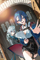  1boy 1girl absurdres ahoge animal_on_head black_jacket black_skirt blue_eyes blue_hair blue_jacket blue_nails cat cat_on_head chest_belt collared_shirt commentary_request grey_eyes hair_between_eyes highres jacket light_particles looking_at_viewer mura_karuki official_art on_head open_mouth original outstretched_hand shirt shirt_tucked_in short_hair skirt teeth waving white_hair white_shirt 