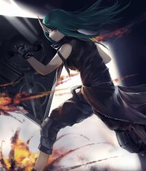  1girl absurdres arknights arm_ribbon black_gloves black_jacket black_pants black_shirt chyt clothes_around_waist commentary feet_out_of_frame fire floating_hair from_side gloves green_hair hannya_(arknights) highres holding holding_shield horns hoshiguma_(arknights) jacket jacket_around_waist knee_pads long_hair looking_at_viewer pants ribbon shield shirt single_horn sleeveless sleeveless_shirt solo standing weapon yellow_eyes 