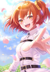  1girl :d ahoge aito618 belt belt_buckle black_belt blush breasts buckle chaldea_master_uniform clouds commentary_request falling_petals fate/grand_order fate_(series) floating_clothes floating_hair fujimaru_ritsuka_(female) full_body hair_between_eyes hair_ornament hair_scrunchie highres jacket long_sleeves looking_at_viewer medium_hair multiple_belts one_side_up open_mouth orange_eyes orange_hair orange_scrunchie outdoors outstretched_hand petals reaching reaching_towards_viewer scrunchie shirt short_hair side_ponytail skirt sky smile solo spread_fingers standing white_shirt wind 