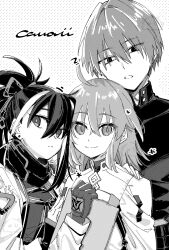  1boy 2girls breasts command_spell commentary_request fate/grand_order fate_(series) fujimaru_ritsuka_(female) fujimaru_ritsuka_(female)_(decisive_battle_chaldea_uniform) gloves greyscale harada_sanosuke_(fate) jacket kawakami_gensai_(fate) kawakami_gensai_(first_ascension)_(fate) long_hair long_sleeves looking_at_viewer medium_breasts monochrome multicolored_hair multiple_girls ponytail scarf short_hair sidelocks smile streaked_hair uninu wide_sleeves 