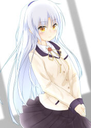  1girl absurdres angel_beats! backlighting black_skirt blurry blurry_background blush closed_mouth collared_shirt commentary_request cowboy_shot eyes_visible_through_hair frilled_skirt frills hair_between_eyes highres jacket kazene_momiji long_hair looking_at_viewer miniskirt neck_ribbon parted_bangs pleated_skirt ponytail ribbon shirt short_ponytail sidelocks simple_background skirt sleeves_past_wrists smile solo straight_hair tachibana_kanade v_arms very_long_hair white_background white_hair white_shirt yellow_eyes yellow_jacket yellow_ribbon 