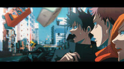  arashi_(boom_sate225) black_bodysuit black_hair black_jacket bodysuit brown_eyes brown_hair celty_sturluson collared_shirt commentary_request durarara!! fushiguro_megumi helmet hood hood_down itadori_yuji jacket jujutsu_kaisen kugisaki_nobara medium_hair motor_vehicle motorcycle motorcycle_helmet open_mouth parody pink_hair red_hood shirt short_hair style_parody teardrop teeth vending_machine 
