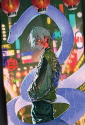  1boy absurdres bandaid bandaid_on_face blurry blurry_background commentary_request cowboy_shot denim edge_flippers eyepatch hair_over_one_eye highres jacket jeans lantern looking_at_viewer male_focus mura_karuki neon_lights official_art pants paper_lantern rain road short_hair snake solo standing street wet white_hair 