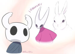  1girl 1other bano_akira black_skin cloak colored_skin commentary_request grey_cloak hollow_eyes hollow_knight horned_mask hornet_(hollow_knight) knight_(hollow_knight) mask rabbit red_cloak white_mask 