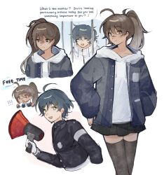  ! 1boy 1girl :d ^_^ ahoge aotsuki_eito aotsuki_eito_(cosplay) bandaid bandaid_on_face bandaid_on_nose black_jacket black_skirt black_thighhighs blue_hair blue_jacket brown_eyes brown_hair cage chibi chibi_inset clenched_hands closed_eyes closed_mouth cosplay cropped_torso crossover danganronpa:_despair_time david_chiem drawstring east-west_crossover empty_eyes evil_grin evil_smile expressionless frustrated full_body furrowed_brow gakuran gloves gradient_hair grey_hair grin hair_between_eyes hair_ornament hairclip hand_in_pocket hand_on_own_hip hands_up high_collar highres holding holding_megaphone hole_in_chest hole_on_body hood hood_down hoodie in_cage iron_bars jacket jacket_over_hoodie last_defense_academy_school_uniform long_hair long_sleeves looking_at_viewer megaphone messy_hair mocking multicolored_hair multiple_views musical_note open_clothes open_jacket open_mouth parallel_hairclips puffy_long_sleeves puffy_sleeves school_uniform short_hair single_sidelock skirt smile source_quote speech_bubble spoken_musical_note star-shaped_pupils star_(symbol) star_hair_ornament sumino_takumi sumino_takumi_(cosplay) symbol-shaped_pupils teruko_tawaki the_hundred_line_-last_defense_academy- thigh-highs triangle_hair_ornament white_background white_gloves white_hoodie white_jacket xin_ci yellow_eyes 