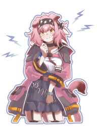  1girl absurdres animal_ears arknights black_choker black_hairband black_jacket black_skirt blush choker closed_mouth collarbone commentary cropped_legs garter_straps goldenglow_(arknights) hairband hand_up haruuuu1185_(kubaharu) highres infection_monitor_(arknights) jacket lanyard lightning_bolt_print lightning_bolt_symbol looking_at_viewer medium_hair open_clothes open_jacket pink_hair pink_jacket pink_tail shirt simple_background skirt smile solo standing tail white_background white_shirt yellow_eyes 
