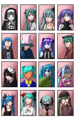  1girl ^_^ annotation_request aqua_eyes aqua_hair black_dress black_hair black_robe blue_eyes blue_hair blue_jacket blue_neckerchief bow bowtie brown_hat brown_jacket brown_sailor_collar closed_eyes commentary dodo_fgi dress earphones earphones english_commentary evil_grin evil_smile eyewear_on_head ghost_rule_(vocaloid) green_hair green_jacket grin hair_ribbon hairband hat hatsune_miku hatsune_miku_(conflict) hatsune_miku_(ghost_module) hatsune_miku_(infinity) highres ima_sugu_rinne_(vocaloid) invincible_(series) invincible_war_variants_(meme) jacket jirai_kei kamippoina_(vocaloid) kochira_koufuku_anshin_iinkai_desu_(vocaloid) long_hair mask mask_on_head matryoshka_(vocaloid) meme military_uniform mouth_mask multiple_views musunde_hiraite_rasetsu_to_mukuro_(vocaloid) neckerchief nun nun_headdress parody partially_annotated peaked_cap pink_bow pink_bowtie pink_dress pink_hairband pink_shirt project_diva_(series) red_eyes ribbon robe rolling_girl_(vocaloid) sailor_collar senbonzakura_(vocaloid) sharp_teeth shinkai_shoujo_(vocaloid) shirt smile smoking static_(vocaloid) suna_no_wakusei_(vocaloid) sunglasses teeth twintails ura-omote_lovers_(vocaloid) v-shaped_eyebrows vampire_(vocaloid) vocaloid white_shirt world_is_mine_(vocaloid) 