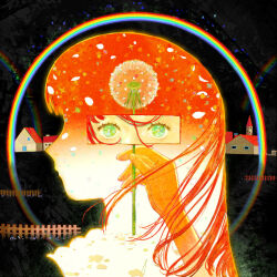  1girl chinese_commentary commentary_request dandelion eye_focus eyelashes fence flower green_eyes holding holding_flower house long_hair original petals rainbow red_hair solo white_petals wooden_fence yin_0909 