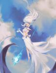  1girl belt bird black_eyes clouds cloudy_sky crown day elbow_gloves gloves hair_lift highres itssoikamadudes janna_(league_of_legends) league_of_legends long_hair pointy_ears shoulder_pads skirt sky smile solo staff white_hair 