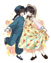  1boy 1girl black_hair black_shoes blue_hat blue_pants brown_hat brown_shoes check_gender chinese_clothes commentary_request cosplay dress floral_background floral_print floral_print_dress flower full_body gender_request grey_eyes hat highres jusenkyou_guide jusenkyou_guide_(cosplay) leg_up luuxiriver pants pink_flower print_dress ranma_1/2 saotome_ranma saotome_ranma_(male) shoes straw_hat tendou_akane yellow_dress 