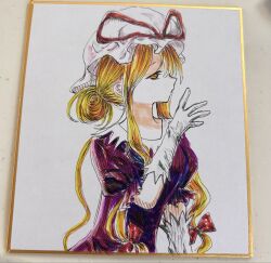  1girl blonde_hair bow commentary_request cowboy_shot dress elbow_gloves from_side gloves hair_bow hair_bun hat hat_ribbon highres long_hair mob_cap omaega_chan photo_(medium) purple_dress red_bow red_ribbon ribbon shikishi short_sleeves single_hair_bun solo touhou traditional_media very_long_hair white_background white_gloves white_hat yakumo_yukari yellow_eyes 
