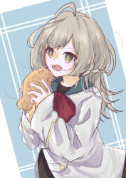  1girl ahoge assault_lily black_shirt blue_background border bow bowtie bright_pupils commentary_request eating food food_on_face grey_hair hands_up herensuge_girls_academy_school_uniform holding holding_food jiropi long_hair long_sleeves looking_ahead open_mouth oversized_clothes partially_unbuttoned red_bow red_bowtie sasaki_ran school_uniform shirt sleeves_past_wrists smile solo standing steam taiyaki upper_body wagashi white_border white_pupils yellow_eyes 