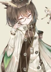  1girl 7gao adjusting_eyewear arknights armband bird_girl breasts brown_armband brown_eyes brown_hair drone feather_hair glasses hair_between_eyes highres jacket short_hair silence_(arknights) sleepy small_breasts solo sweater white_background white_jacket 