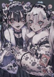  2girls animal_charm animal_ear_piercing animal_ears bandaid bandaid_on_finger bandaid_on_hand black_collar black_hair black_headdress black_nails black_shirt black_skirt black_tongue blonde_hair blue_eyes bone_hair_ornament candy chain chain_leash charm_(object) clothes_writing collar commentary_request dalmatian dog_ears ear_piercing english_text fake_animal_ears fang fingernails food frilled_headwear fur-trimmed_jacket fur_jacket fur_trim grey_background hair_between_eyes hair_ornament hand_on_another's_shoulder heart heart-shaped_eyes heart-shaped_food heart-shaped_lollipop heart_hair_ornament highres holding_hands jacket latin_text leash lollipop long_fingernails multicolored_eyes multicolored_jacket multicolored_nails multiple_girls open_clothes open_jacket open_mouth original paw_earrings paw_hair_ornament paw_print paw_print_pattern piercing plaid_clothes plaid_skirt red_eyes satoinu111 shaped_lollipop sharp_teeth shirt simple_background skin_fang skirt teeth two-tone_headdress two-tone_jacket two-tone_nails white_headdress white_jacket 