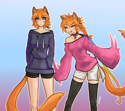  2girls alternate_costume animal_ears black_shorts black_thighhighs braid breasts cat_ears cat_girl cat_tail choker closed_eyes collar collarbone contemporary facepaint facial_mark fang fire_emblem fire_emblem:_path_of_radiance fire_emblem:_radiant_dawn hands_in_pockets happy laguz_(fire_emblem) lethe_(fire_emblem) lyre_(fire_emblem) medium_breasts multiple_girls orange_hair orange_tail oversized_clothes oversized_sweater pink_choker pink_collar rainbow_ribbon shorts siblings side_slit side_slit_shorts simple_background sisters standing sweater tail thigh-highs tonicsky twins violet_eyes waving_arms whisker_markings wide_sleeves zettai_ryouiki 