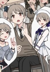  2boys 2girls ;d belt black_bow black_bowtie black_choker black_hair black_necktie black_pants black_shorts blonde_hair blue_bow blue_bowtie blush bow bowtie bracelet breasts brown_belt brown_hair brown_sweater_vest brown_vest chair choker collarbone collared_shirt commentary_request covering_own_mouth cowboy_shot crossdressing crossdressing_(mtf) dot_nose drink_carton dutch_angle eyes_out_of_frame facing_another from_side grey_shirt hair_ornament hairpin hand_over_own_mouth hand_up hands_up hat head_out_of_frame highres holding holding_drink_carton indoors jewelry large_breasts long_hair long_sleeves looking_at_another looking_at_viewer male_focus mole mole_under_eye motion_lines multiple_boys multiple_girls necktie off-shoulder_shirt off_shoulder on_chair one_eye_closed open_mouth original pants pleated_skirt red_eyes sailor_collar sailor_hat sailor_shirt school_uniform shirt short_hair shorts sitting skirt smile speech_bubble sunaba_(nczd5875) sweatdrop sweater_vest tongue trap upper_body v vest white_hat white_sailor_collar white_shirt white_skirt 