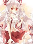  1girl bow collarbone collared_shirt commentary eating feet_out_of_frame fujiwara_no_mokou hair_bow hand_on_own_leg highres long_hair looking_at_viewer navel nikorashi-ka one-hour_drawing_challenge pants popsicle_in_mouth red_bow red_eyes red_pants shirt sitting sleeves_rolled_up solo suspenders suspenders_slip touhou two-tone_bow very_long_hair white_bow white_hair white_shirt 