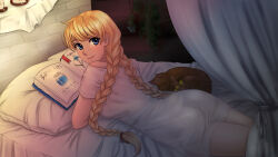  1girl 1other ass backboob bed blonde_hair blue_eyes book bow braid breasts brick_wall canopy_bed cat curtains hair_ribbon herb_bundle highres indoors lips long_hair long_shirt looking_at_viewer looking_back lying on_bed on_stomach original orika_nekoi pillow red_ribbon ribbon shirt slavya-chan sleeping smile twin_braids twintails white_shirt yellow_ribbon 