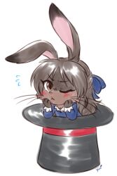  1girl animal_ears animal_nose black_hat blush brown_eyes brown_hair flying_sweatdrops furrification furry furry_female hat idolmaster idolmaster_cinderella_girls in_hat long_hair looking_at_viewer mahoxyshoujo one_eye_closed rabbit_ears rabbit_girl simple_background solo tachibana_arisu top_hat unworn_hat unworn_headwear whiskers white_background 
