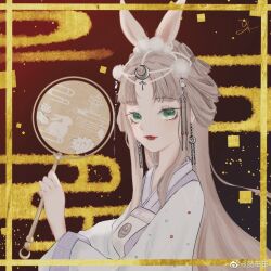  1girl animal_ears aqua_eyes beads black_background bow-shaped_hair brown_hair chinese_commentary circlet closed_mouth commentary_request crescent crescent_earrings crescent_hair_ornament double_bun earrings extra_ears eyelashes faint_moon_dew_(shining_nikki) flower hair_beads hair_bun hair_ornament hair_rings hand_fan happy holding holding_fan jewelry light_blush light_particles light_smile lipstick long_hair long_sidelocks long_sleeves lotus makeup nikki_(series) pom_pom_(clothes) pom_pom_hair_ornament purple_hanfu rabbit rabbit_ears rabbit_girl red_lips shining_nikki sidelocks solo tuanshan upper_body very_long_hair watermark weibo_watermark wide_sleeves xiangyun yi_niannian 