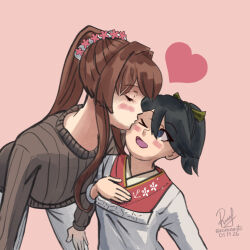 2girls apron black_hair blush_stickers brown_hair brown_sweater commentary dated english_commentary grey_eyes heart height_difference highres houshou_(kancolle) kantai_collection kappougi kiss long_hair multiple_girls one_eye_closed pink_background ponytail ron_(pixiv83091338) signature sweater twitter_username yamato_(kancolle) yamato_(spring)_(kancolle) 