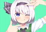  1girl ;p bangs black_hairband blue_eyes closed_mouth finger_frame green_background hairband highres konpaku_youmu looking_at_viewer one_eye_closed short_hair simple_background smile solo terecho tongue tongue_out touhou upper_body white_hair 