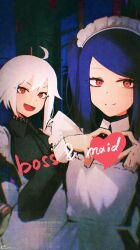  2girls absurdres black_dress blue_hair closed_mouth commentary dana_zane dated dress english_commentary four-finger_heart_hands heart heart_hands highres jill_stingray long_hair maid maid_headdress multiple_girls open_mouth red_eyes rnna short_hair va-11_hall-a white_hair 