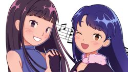  2girls :d ;d beamed_eighth_notes black_gloves black_hair blue_hair blue_shirt blunemone blunt_bangs blush brown_eyes commentary cute_&amp;_girly_(idolmaster) english_commentary gloves gothic_princess_(idolmaster) grin holding_hands idolmaster idolmaster_(classic) idolmaster_1 imai_asami interlocked_fingers kisaragi_chihaya long_hair looking_at_viewer multiple_girls musical_note musical_staff official_alternate_costume one_eye_closed open_mouth real_life shirt simple_background sleeveless sleeveless_shirt smile turning_head voice_actor voice_actor_connection white_background 