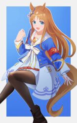  1girl :d animal_ears anle_boots armband black_boots black_pantyhose blue_background blue_eyes blue_jacket boots border bow brown_hair denryoku_saboten ear_bow feet_out_of_frame grass_wonder_(stone-piercing_blue)_(umamusume) grass_wonder_(umamusume) highres horse_ears horse_girl horse_tail jacket long_hair long_sleeves looking_at_viewer pantyhose sailor_collar simple_background skirt smile solo tail umamusume white_border white_hair white_sailor_collar white_skirt 