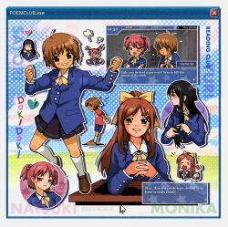 2000s_(style) 4girls :< :d :t antenna_hair averting_eyes bendedede black_hair black_skirt blazer blue_eyes blue_jacket blue_shorts blush bow brown_hair brown_shoes character_name clenched_hands closed_eyes crossed_arms cursor dandere dark-skinned_female dark_skin denim denim_shorts desk doki_doki_literature_club dress_shirt english_commentary english_text fang flying_sweatdrops green_eyes hair_bobbles hair_ornament hair_ribbon hairclip halftone head_steam heart highres index_fingers_together interlocked_fingers jacket knee_blush kneehighs loafers long_sleeves looking_at_viewer monika_(doki_doki_literature_club) multiple_girls musical_note natsuki_(doki_doki_literature_club) pink_eyes pink_hair playing_with_own_hair pleated_skirt ponytail prototype_design red_shirt ribbon sayori_(doki_doki_literature_club) school_desk school_uniform shirt shoes short_hair short_ponytail short_twintails shorts skirt smile sneakers socks tomboy tsundere twintails user_interface w_arms white_shirt white_socks window_(computing) yellow_bow yellow_ribbon yuri_(doki_doki_literature_club)