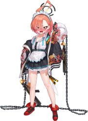  1girl @_@ ahoge apron arm_at_side arm_up asymmetrical_bangs belt black_halo black_nails black_skirt blue_archive blue_ribbon blush braid buttons center_frills chain collarbone collared_shirt constricted_pupils cross-laced_shoes delinquent dragon_print earrings embarrassed english_text fang flat_chest floral_print frilled_apron frills full_body game_asset gun hair_between_eyes halo highres jacket jewelry large_variant_set legs long_sleeves looking_at_viewer maid maid_headdress medium_hair miniskirt mole mole_under_eye mx2j neck_ribbon neru_(blue_archive) nose_blush off_shoulder official_art open_clothes open_jacket open_mouth orange_hair pleated_skirt pocket print_jacket raglan_sleeves red_eyes red_shoes ribbon shirt shirt_tucked_in shoes sig_mpx simple_background single_braid skirt solo standing stud_earrings submachine_gun sukajan sweat tachi-e tag teeth thighs third-party_source tongue transparent_background undone_neck_ribbon v-shaped_eyebrows variant_set waist_apron weapon white_apron white_shirt white_sleeves wide-eyed zipper zipper_pull_tab 