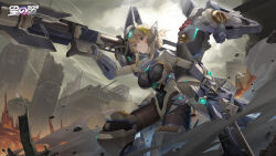  blue_eyes breasts brown_hair highres holding holding_sword holding_weapon large_breasts leotard longinus-beta_(starward) mecha_musume mechanical_arms mechanical_legs missile official_art pantyhose radio_antenna rocket_launcher solo starward sword thrusters weapon 