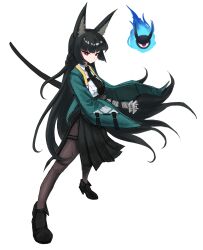  1girl 1other absurdres animal_ear_fluff animal_ears black_hair black_necktie black_skirt closed_mouth commentary fox_ears fox_girl full_body highres holding holding_sword holding_weapon hoshimi_miyabi jacket katana konpeki_no_sora_(artist) long_hair looking_at_viewer necktie red_eyes sheath shirt sidelocks simple_background skirt standing sword tailless_(zenless_zone_zero) unsheathing weapon white_background white_shirt zenless_zone_zero 