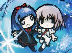  2girls black_dress black_eyes black_socks black_souls black_souls_2 blue_hair capelet chibi closed_mouth crossover dress full_body long_hair looking_at_viewer mabel_(black_souls) multiple_girls otonashi_ayana sensenmu2877 skirt smile socks sparkling_eyes subarashiki_hibi very_long_hair white_capelet white_skirt 