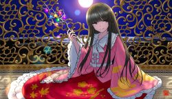  1girl aoiueo12 artist_logo black_eyes black_hair bow bowtie branch commentary frilled_skirt frilled_sleeves frills full_moon highres houraisan_kaguya jeweled_branch_of_hourai logo long_hair long_skirt looking_at_viewer moon night pink_shirt red_skirt shirt skirt solo touhou white_bow white_bowtie wide_sleeves 