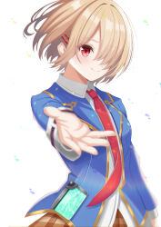  1girl absurdres blue_shirt brown_hair closed_mouth commentary_request hair_ornament hairpin heaven_burns_red highres kayamori_ruka kosyou21057 looking_at_viewer necktie open_clothes reaching reaching_towards_viewer red_eyes red_necktie shirt short_hair simple_background white_shirt 