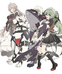  alexandrina_sebastiane animal animal_bag animal_with_hair animalization apron bear_bag black_boots black_dress black_gloves black_hair blunt_bangs blush boots breasts chain closed_eyes closed_mouth clothed_animal colored_inner_hair corin_wickes crossed_bangs dress ellen_joe gloves green_hair grey_hair hair_between_eyes hair_ornament hairband highres holding holding_animal large_breasts long_hair long_sleeves looking_at_viewer low-tied_long_hair maid maid_apron maid_headdress metal_hairband mole mole_under_eye multicolored_hair multiple_girls muzzle_(mask) open_mouth pantyhose partially_fingerless_gloves person_and_animalization pink_hair pkgllllllv puffy_short_sleeves puffy_sleeves razor_blade_hair_ornament red_eyes screw_hair_ornament shaded_face short_hair short_sleeves simple_background smile spiked_headband standing sweat tail twintails two-tone_hair very_long_hair violet_eyes von_lycaon white_apron white_background white_pantyhose white_wolf wolf zenless_zone_zero 