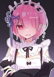  1girl collar crossed_arms detached_collar dress frilled_dress frills frown gradient_background grey_background hair_over_one_eye highres looking_at_viewer maid maid_headdress purple_ribbon ram_(re:zero) re:zero_kara_hajimeru_isekai_seikatsu red_eyes red_hair ribbon satupi_sb short_hair solo twitter_username upper_body white_collar 