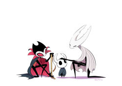 1boy 2others arthropod_boy bano_akira black_cape black_skin cape cloak colored_skin commentary_request grey_cloak grimm_(hollow_knight) hollow_knight hollow_knight_(character) horned_mask knight_(hollow_knight) mask measuring multiple_others petting pure_vessel red_cape siblings simple_background two-sided_cape two-sided_fabric white_background white_cloak white_mask 