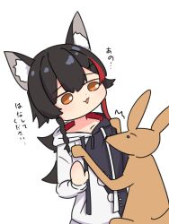  1girl animal_ear_fluff animal_ears black_hair black_hoodie commentary_request highres hololive hood hoodie kangaroo long_hair morotade_kudou multicolored_hair official_alternate_costume ookami_mio ookami_mio_(hoodie) red_streaks solo streaked_hair two-tone_hoodie virtual_youtuber white_hoodie wolf_ears wolf_girl 