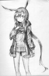 1girl absurdres amiya_(arknights) animal_ears arknights ascot blush closed_mouth commentary_request feet_out_of_frame graphite_(medium) greyscale hair_between_eyes highres jacket jewelry korean_commentary long_hair long_sleeves looking_at_viewer miniskirt monochrome multiple_rings open_clothes open_jacket pantyhose ponytail rabbit_ears rabbit_girl ring shirt sidelocks sketch skirt smile solo standing teot4242 traditional_media very_long_hair 