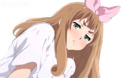  1girl aqua_eyes bilingual_commentary blush bow bow_hairband brown_hair commentary from_below frown hairband hibike!_euphonium long_hair looking_at_viewer mixed-language_commentary pink_bow pink_hairband shirt short_eyebrows short_sleeves simple_background solo t-shirt thick_eyebrows upper_body usagihop v-shaped_eyebrows white_background white_shirt yoshikawa_yuuko 