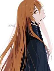  1boy altus_(centuria) artist_name black_tunic centuria_(manga) commentary_request ctqnue dated facing_to_the_side from_side long_eyelashes long_hair looking_at_viewer looking_to_the_side male_focus orange_eyes orange_hair solo stitched_neck stitches tunic white_background 