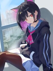  1girl animal_ears black_choker black_hair black_hoodie blue_archive blue_sailor_collar brown_pantyhose chinese_commentary choker colored_inner_hair commentary_request feet_out_of_frame hand_in_pocket highres hood hood_down hoodie indoors kazusa_(blue_archive) long_sleeves looking_at_viewer medium_hair multicolored_hair multicolored_hoodie neckerchief pantyhose parted_lips pink_neckerchief purple_hair red_eyes sailor_collar sitting skirt solo two-tone_hair two-tone_hoodie white_hoodie white_skirt window zhileng_zhil 