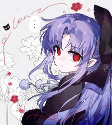  ... 1girl absurdres black_bow black_capelet black_dress bow capelet closed_mouth dress empty_eyes expressionless floral_background flower from_side fur-trimmed_capelet fur_trim hair_bow half_updo highres len_(tsukihime) long_hair looking_at_viewer melty_blood neck_ribbon no_pupils parted_bangs pointy_ears pom_pom_(clothes) purple_hair red_eyes ribbon sidelocks solo spoken_ellipsis tsukihime upper_body yakksan 