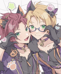  2boys animal_ear_fluff bangs_pinned_back bell belt black_gloves blonde_hair blue-framed_eyewear closed_mouth collarbone commentary curtained_hair ensemble_stars! extra_ears fang fingernails fur_trim gloves green_eyes grid_background hand_up heart_cheeks highres horror_night_halloween_(ensemble_stars!) isara_mao kemonomimi_mode long_fingernails looking_at_viewer male_focus midriff multiple_boys neck_bell official_alternate_costume open_mouth paw_print pumpkin purple_belt red_hair reijiro short_hair simple_background smile star_(symbol) upper_body white_background yuuki_makoto_(ensemble_stars!) zipper_pull_tab 